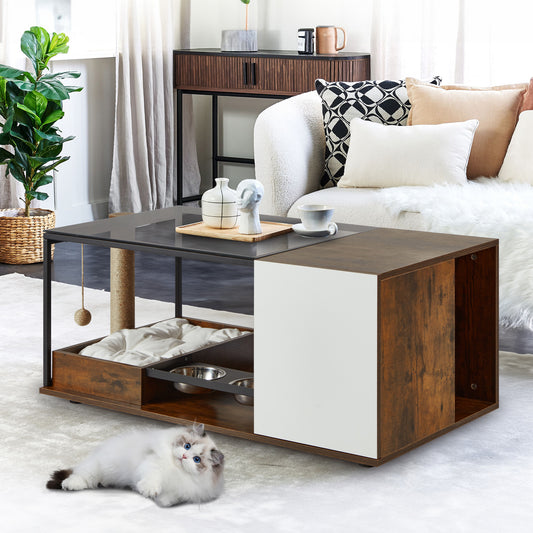 EROMMY Cat Coffee Table with Scratching Post, Cat Tree End Table with Feeding Station,40"× 22"x 19"