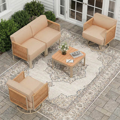 EROMMY 4 Piece Patio Furniture Set,Swivel Glider Rocking Chairs with 6" Thick Cushions, Loveseat & Coffee Table, Beige