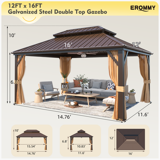 EROMMY 12x16ft Gazebo, Hardtop Gazebo with Galvanized Steel Roof, Double Roof Gazebo with Aluminum Frame, Outdoor Gazebo