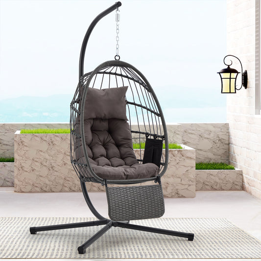 EROMMY Rattan Swing Egg Chair with Adjustable Foot Rest with Grey Cushions for Patio, Balcony, Garden