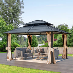 EROMMY 12' x 14' Outdoor Double Roof Hardtop Gazebo with Curtains and Netting,  Anti-Rust Coating Frame