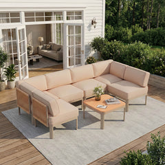 EROMMY 7 Pieces Patio Sectional Furniture Set, Aluminum Frame Outdoor Conversation Set with 6" Thick Cushions & Coffee Table, Beige