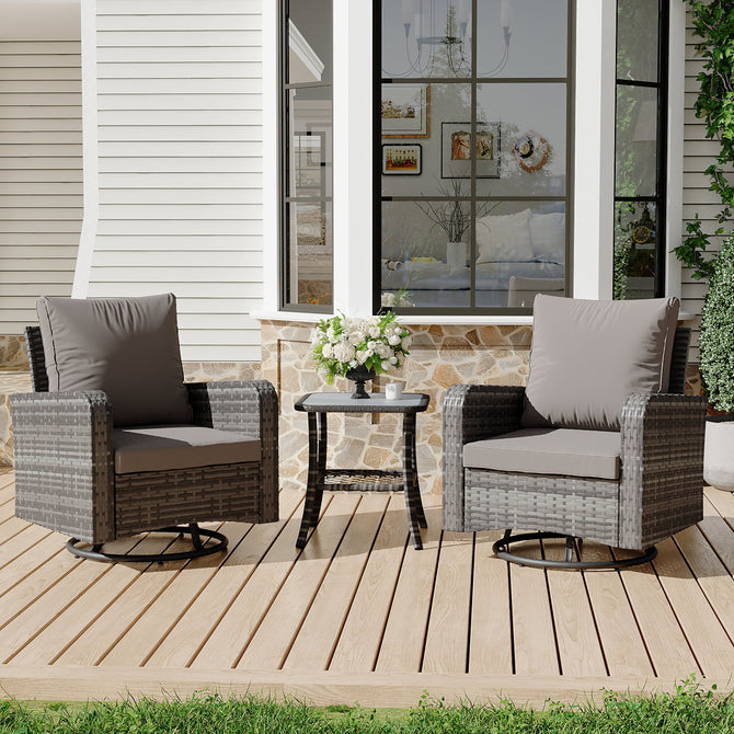 EROMMY 3 Piece Outdoor Swivel Chairs -All Weather Wicker Patio Bistro Table and Chairs Set, Grey-Erommy