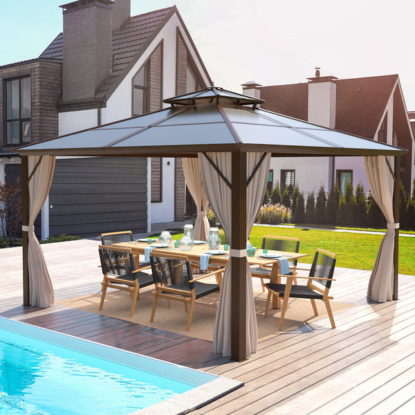 12'x12' Outdoor Hardtop Gazebos Double Roof Pergolas w/ Netting Curtain Erommy