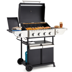 EROMMY Outdoor Burner BBQ Propane Gas Grill - 58000 BTUs Stainless Steel Patio Barbecue Grill with Stove and Side Table - Black - Propane Gas