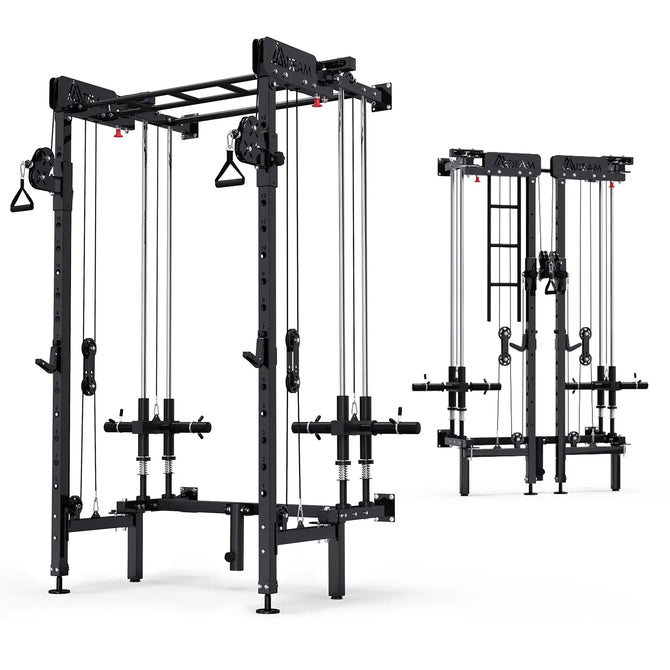 EROMMY Folding Squat Rack, Wall Mounted Power Rack with Cable Crossover Machine & LAT Pull Down Multi-Function Space-Saving Power Cage, Black