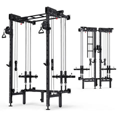 EROMMY Folding Squat Rack, Wall Mounted Power Rack with Cable Crossover Machine & LAT Pull Down Multi-Function Space-Saving Power Cage, Black
