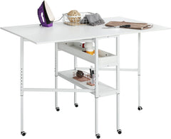 EROMMY Height Adjustable Craft Table with Storage Shelves, Mobile Folding Cutting Table for Large Fabric