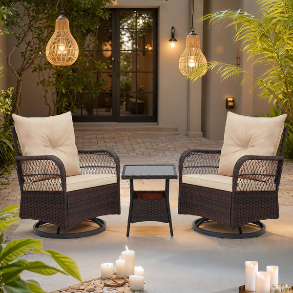 EROMMY 3 Pieces Patio Swivel Rocker Rattan Chairs, Outdoor Swivel Rocking Chairs with 1 Rattan Coffee Table, Beige