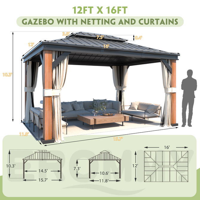 Kumi.O Gazebo with Netting and Curtains | Galvanized Steel Roof – EROMMY