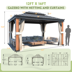 EROMMY 12'x16' Ultra-Thick Faux Wood Grain Aluminum Frame Hardtop Gazebo, Vertical Stripe Galvanized Steel Double Roof with Netting and Curtains