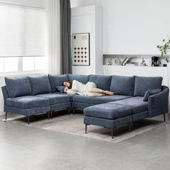 EROMMY Modern U Shaped 6-seat Sectional Sofa Couch, Convertible Chenille Modular Sofa with Chaise Lounge and Ottoman, Blue