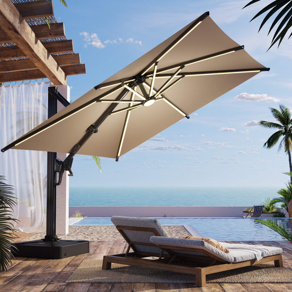 EROMMY 10 X 10 Cantilevered Umbrella with LED Lights - Brown