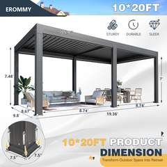 EROMMY 10x20 Aluminum Louvered Pergola with Pull-down Screen – Grey