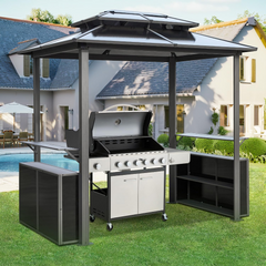 EROMMY Grill Gazebo 8 x 6 FT, Outdoor Barbecue with Double Polycarbonate Panel Roof,with Shelves and Bars for Patio, Lawn, Garden