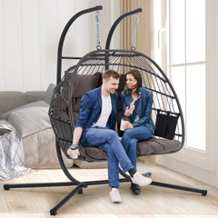 EROMMY Double Rattan Swing Egg Chair with Side Pockets, Foldable with Stand, Outdoor and Indoor Egg Chairs,Balcony, Garden