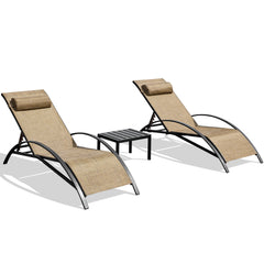 EROMMY Set Of 3 Textiline Recliner Chairs All-Weather Outdoor Lounge Chairs With Adjustable Backrest, Patio Chaise Lounges, For Beach Yard Pool,Brown