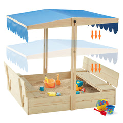 EROMMY Kids Wooden Outdoor Sandbox with UV50 Sun/Sand Protection Liner Function Canopy, 2 Foldable Bench Seats, Height Adjustable Roof