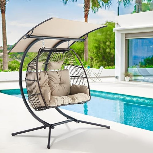 EROMMY Swing Egg Chair, 2 Person Double Hanging Chair, Foldable Hammock Chair with Stand and Cushion, Porch Swing with Removable Canopy for Garden