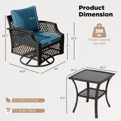 EROMMY 3 Piece Outdoor Swivel Chair Set, Patio Furniture Conversation Set for Deck, Yard, Garden, Poolside(Turquoise)