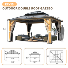EROMMY 13' x 15' Hardtop Gazebo, Wood Outdoor Gazebo, Polycarbonate Double Roof, Netting and Curtains, Patio Gazebo