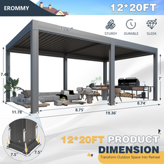 EROMMY 12x20 Large Aluminum Pergola with Louvered Canopy – Grey