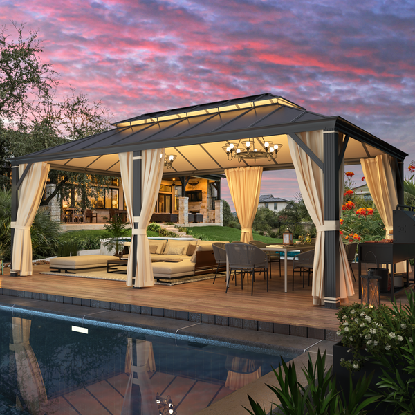EROMMY 12' x 20' Hardtop Gazebo, Aluminum Composite Double Roof for Patio and Garden, Curtains and Netting