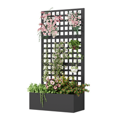 EROMMY Metal Planter Box with Trellis, 71"x 35"x 16" Raised Garden Bed with Trellis, Planter Box Trellis with Privacy Screen and Drainage Holes, Black