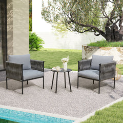 EROMMY 3-Piece Patio Bistro Set, Iron Rope Armchairs with Coffee Table, Modern Outdoor Furniture with Thick Cushions, Durable and Weather-Resistant for Garden, Porch, or Balcony, Earth Black & Starry Sky Gray