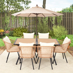 EROMMY 7-Piece Outdoor Dining Set – Rectangular Table with Umbrella Hole & 6 Rattan Chairs, Beige