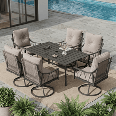 EROMMY 7-Piece Outdoor Patio Dining Set,  6 Wicker Swivel Rocking Chairs with Cushions & Rectangular Table with Adjustable Umbrella Hole, Black