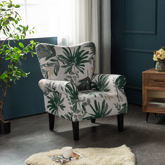 EROMMY Mid Century Wingback Arm Chair, Modern Upholstered Fabric, Green Leaves
