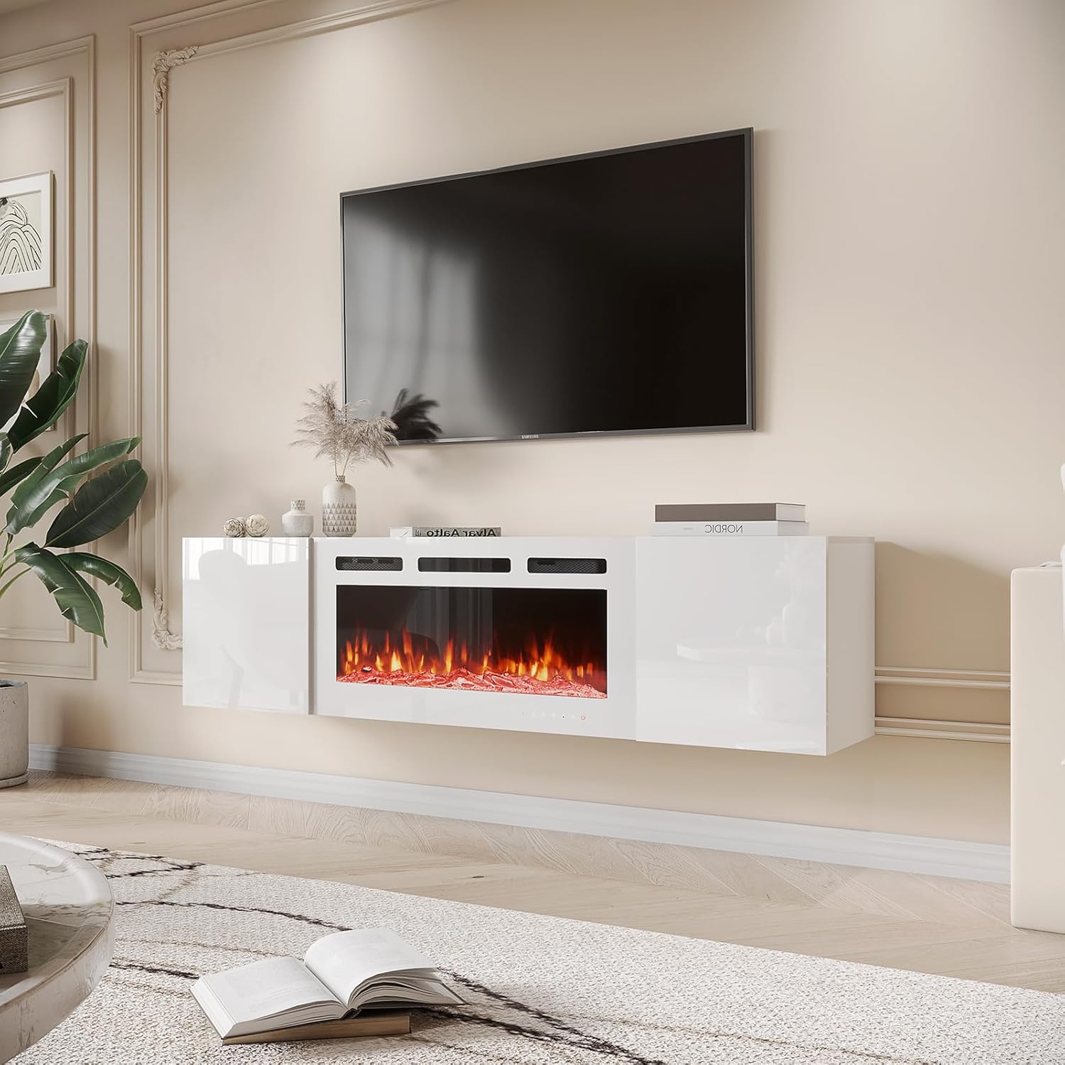 EROMMY 70 Inch Floating TV Stand with Fireplace - White