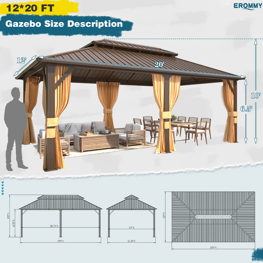 EROMMY 12'x20' Deluxe Hardtop Gazebo, Galvanized Steel Metal Double Roof Aluminum Gazebo with Curtain and Netting, Brown with Aluminum Frame