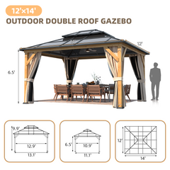EROMMY 12' x 14' Hardtop Gazebo, Wood Outdoor Gazebo, Polycarbonate Double Roof, Netting and Curtains, Patio Gazebo