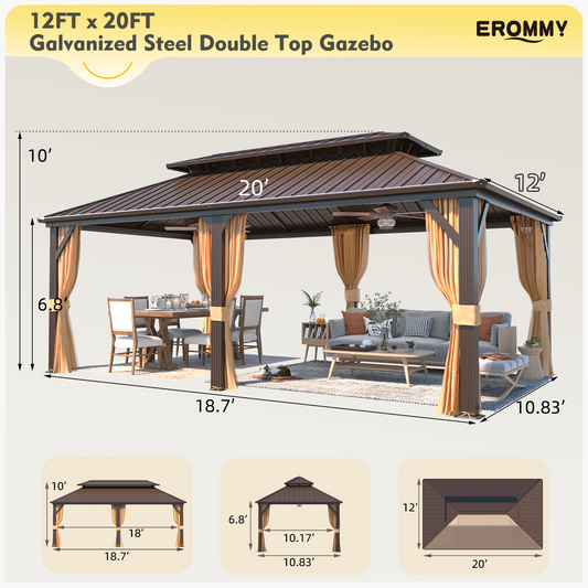 EROMMY 12' x 20' Gazebo, Hardtop Gazebo Galvanized Steel Roof, Double Roof Gazebo with Aluminum Frame, Outdoor Gazebo
