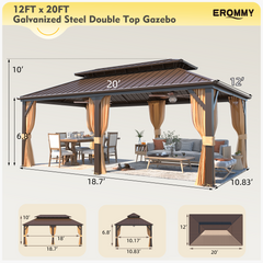 EROMMY 12' x 20' Gazebo, Hardtop Gazebo with Galvanized Steel Roof, Double Roof Gazebo with Aluminum Frame, Outdoor Gazebo