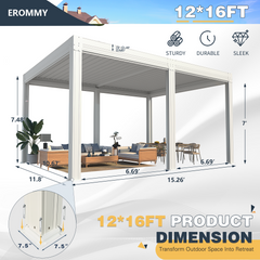 EROMMY 12x16 Aluminum Pergola with Waterproof Roof Panels – White