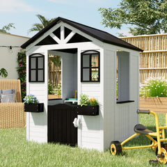 Erommy Wooden Playhouse for Kids, Outdoor Garden Cottage with Door, Windows, Service Station, Flower Pot Holder, for 3-7 Years Old