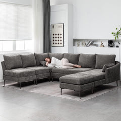 EROMMY Modern U Shaped 6-seat Sectional Sofa Couch, Convertible Chenille Modular Sofa with Chaise Lounge and Ottoman, Grey