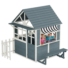EROMMY Outdoor Playhouse for Kids, Wooden Kid Play House with Kitchen Toys,Blackboard,Chalks,Eraser,Magnetic Door, Bench, Foldable Sunshade Canopy,Flowerpot Holders, Bell, Pet Hole, Clock,Blue Grey