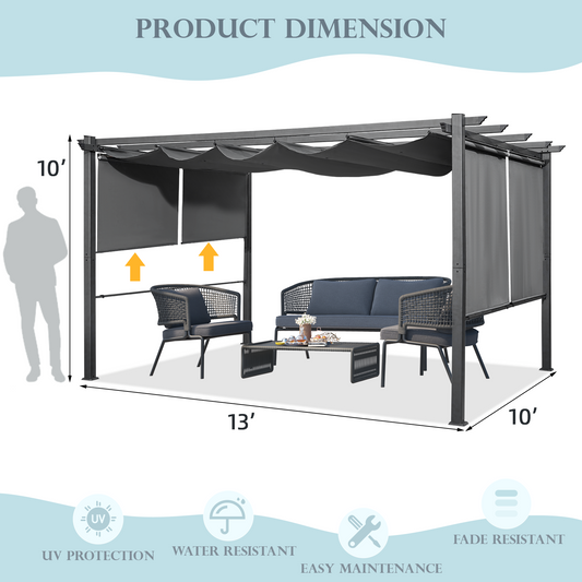 EROMMY 10' x 13' Outdoor Pergola with Retractable Canopy, Aluminum Frame, Patio Metal Shelter with Adjustable and Removable Sun Shade Canopy