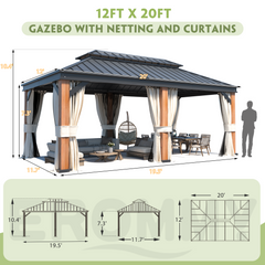 EROMMY Luxury Gazebo 12' x 20', Wooden Finish Coated Thicker Aluminum Frame Gazebo with Galvanized Steel Roof
