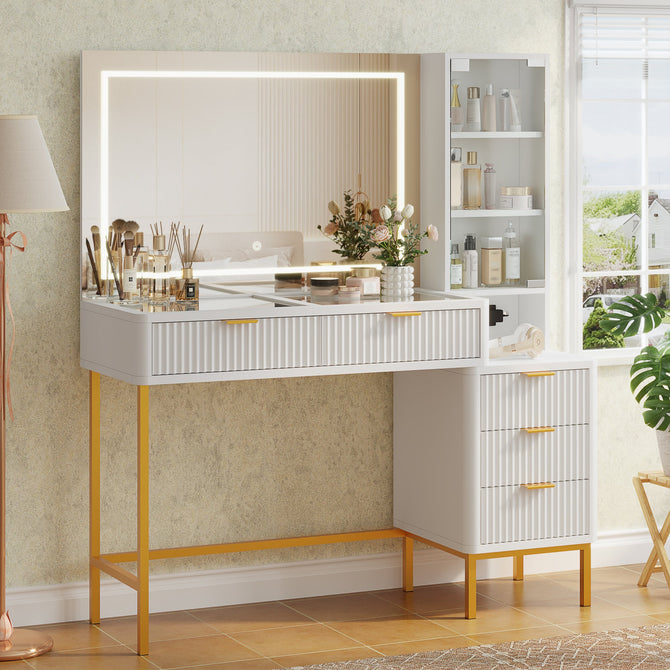 EROMMY Fluted Makeup Vanity Desk with Mirror, Lights,5 Drawers, 3 Storage Shelves and Charging Station, White Gold-Erommy