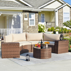 EROMMY Outdoor Patio Furniture Set, 7-Piece Half-Moon Wicker Patio Sofa Set with Storage Table, Brown & Beige