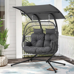 EROMMY Double Egg Chair with Canopy, Comfortable Woven Rattan Base with Thick UV Resistant Cushions and Metal Frame, Porch Swing Loveseat for Backyard