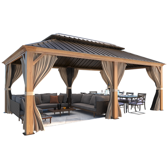 EROMMY Luxury 12' x 20' Hardtop Gazebo, Wooden Finish Coated Aluminum Frame Gazebo with Galvanized Steel Double Roof, Brown Metal Gazebo with Curtains and Nettings