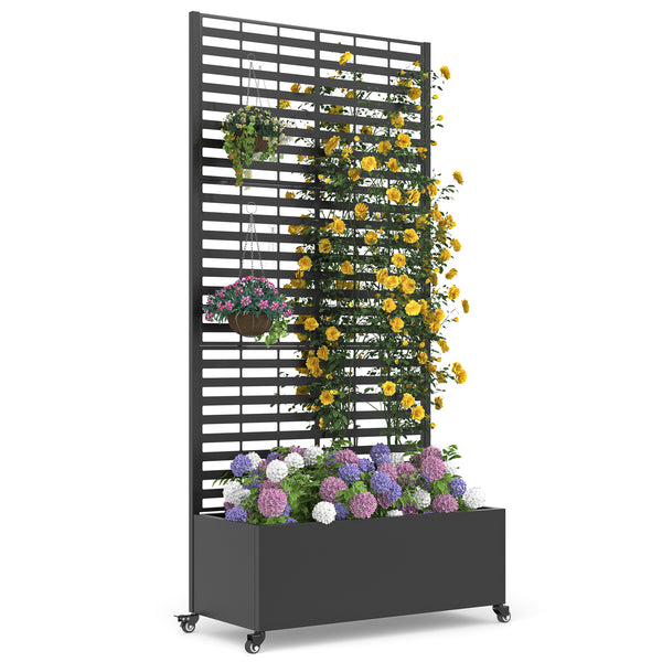 EROMMY Metal Planter Box with Trellis, 73"x 35"x 16" Raised Garden Bed with Wheels and Drainage Holes, Planter with Trellis for Garden, Balcony and Patio, Black Louvered