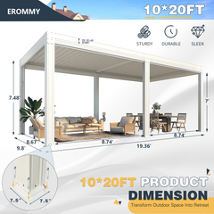 EROMMY 10x20 Aluminum Pergola with Pull-down Sun Shade – White