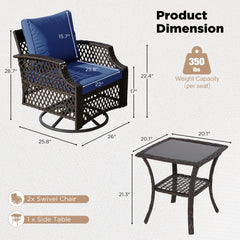 EROMMY 3 Piece Outdoor Swivel Chair Set, Patio Furniture Conversation Set for Deck, Yard, Garden, Poolside(Navy Blue)